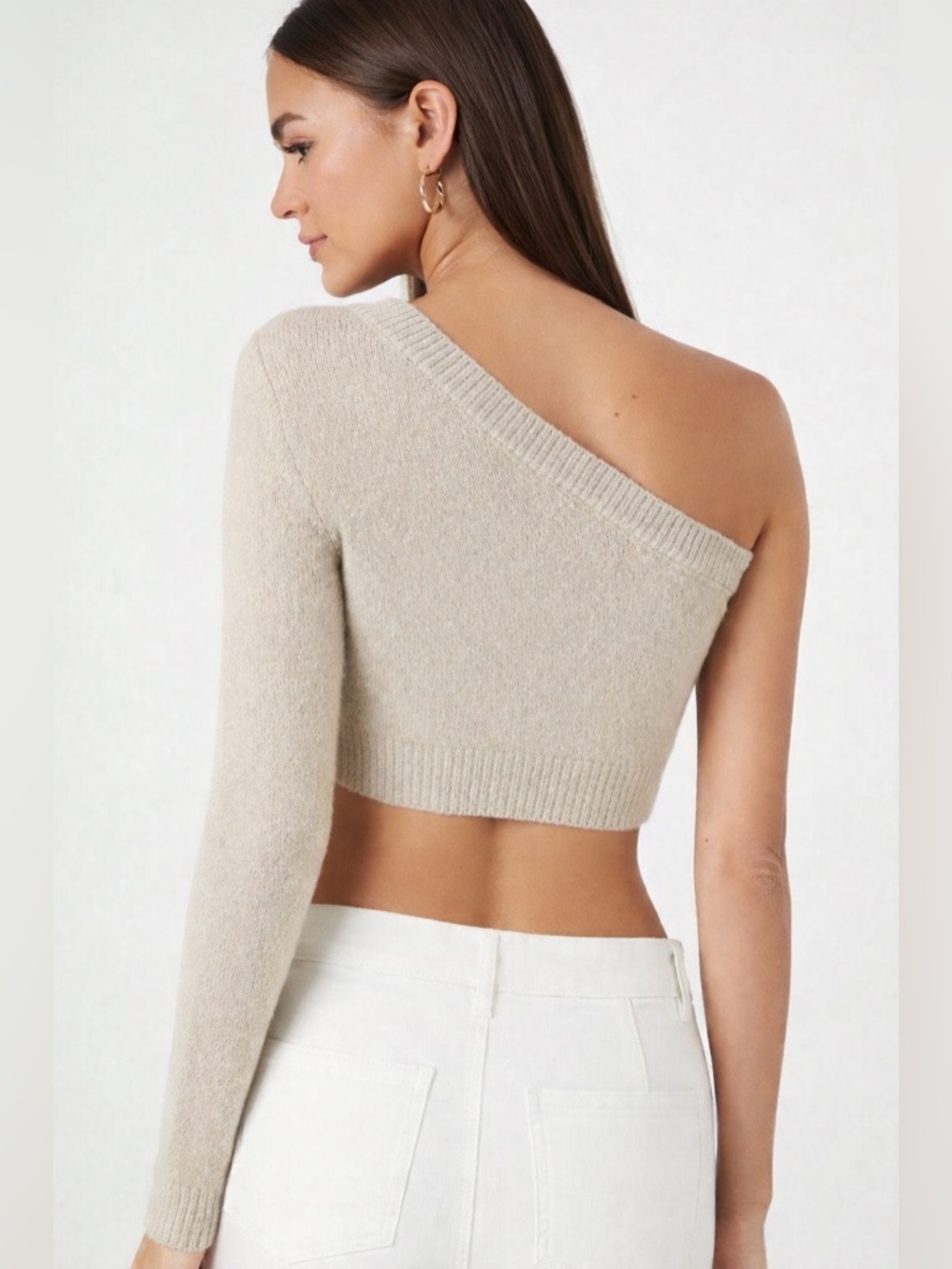 Forever 21 One-Shoulder Cropped Knit Sweater Taupe | XS Xsmall - Picture 2 of 5